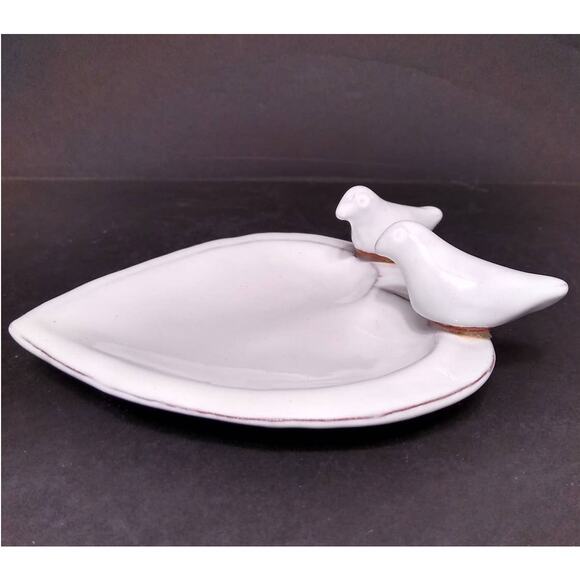 White Glazed Redware Pottery Heart Dove Trinket Dish - Picture 5 of 9